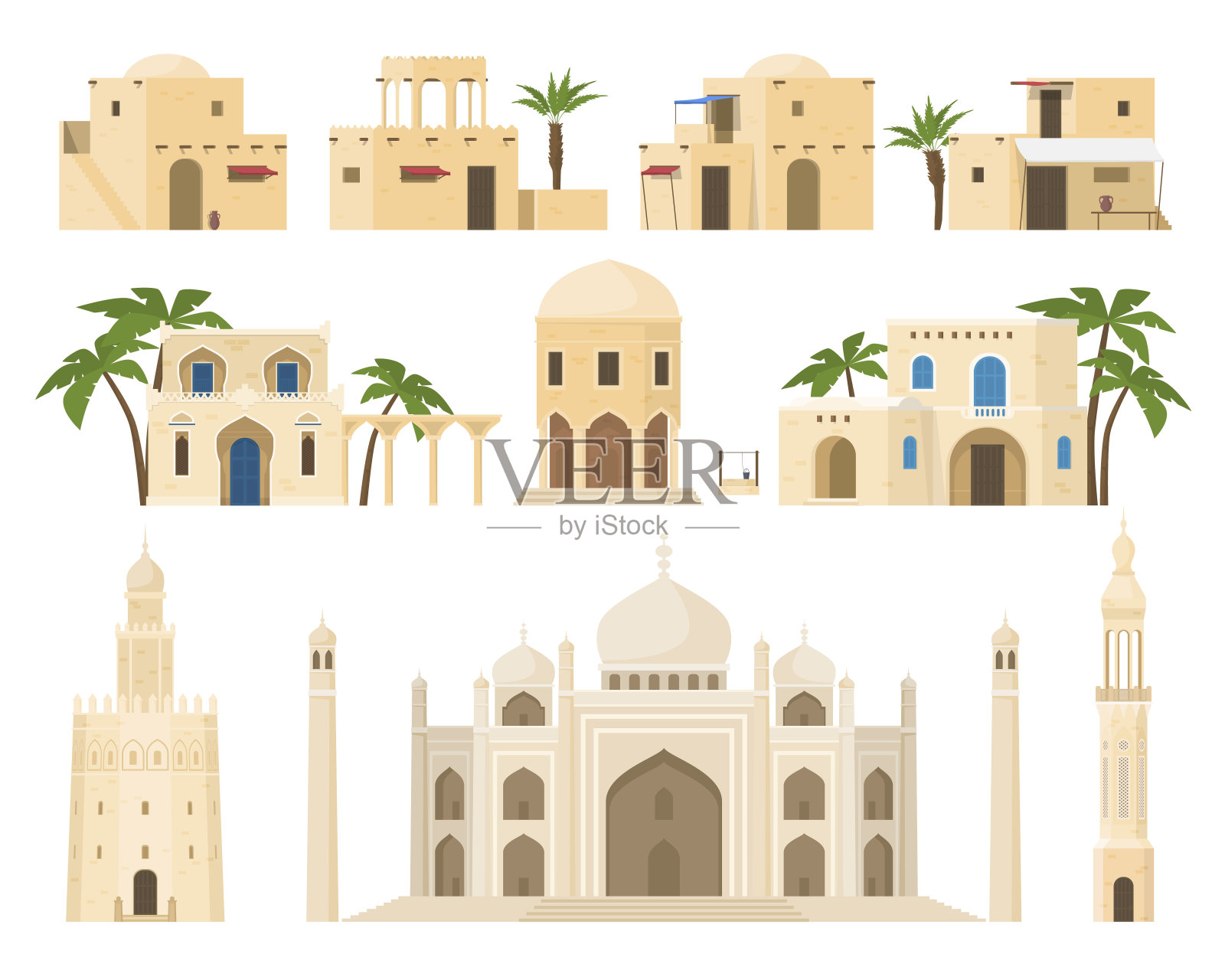 传统阿拉伯房屋设置矢量平面插图少数民族伊斯兰建筑立面插画图片素材