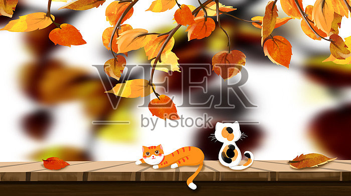 秋日树下长椅上的猫咪插画图片素材