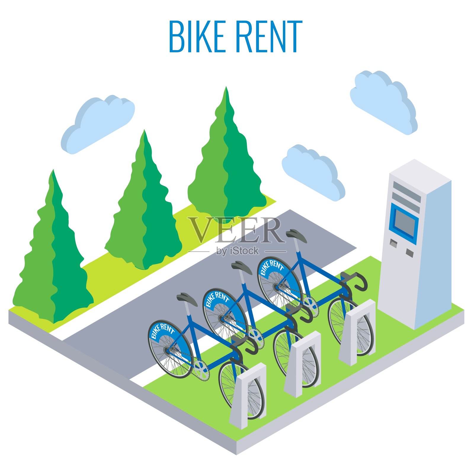 出租的自行车和付款的出纳机。自行车租赁，自行车共享服务，矢量等距插图。设计元素图片