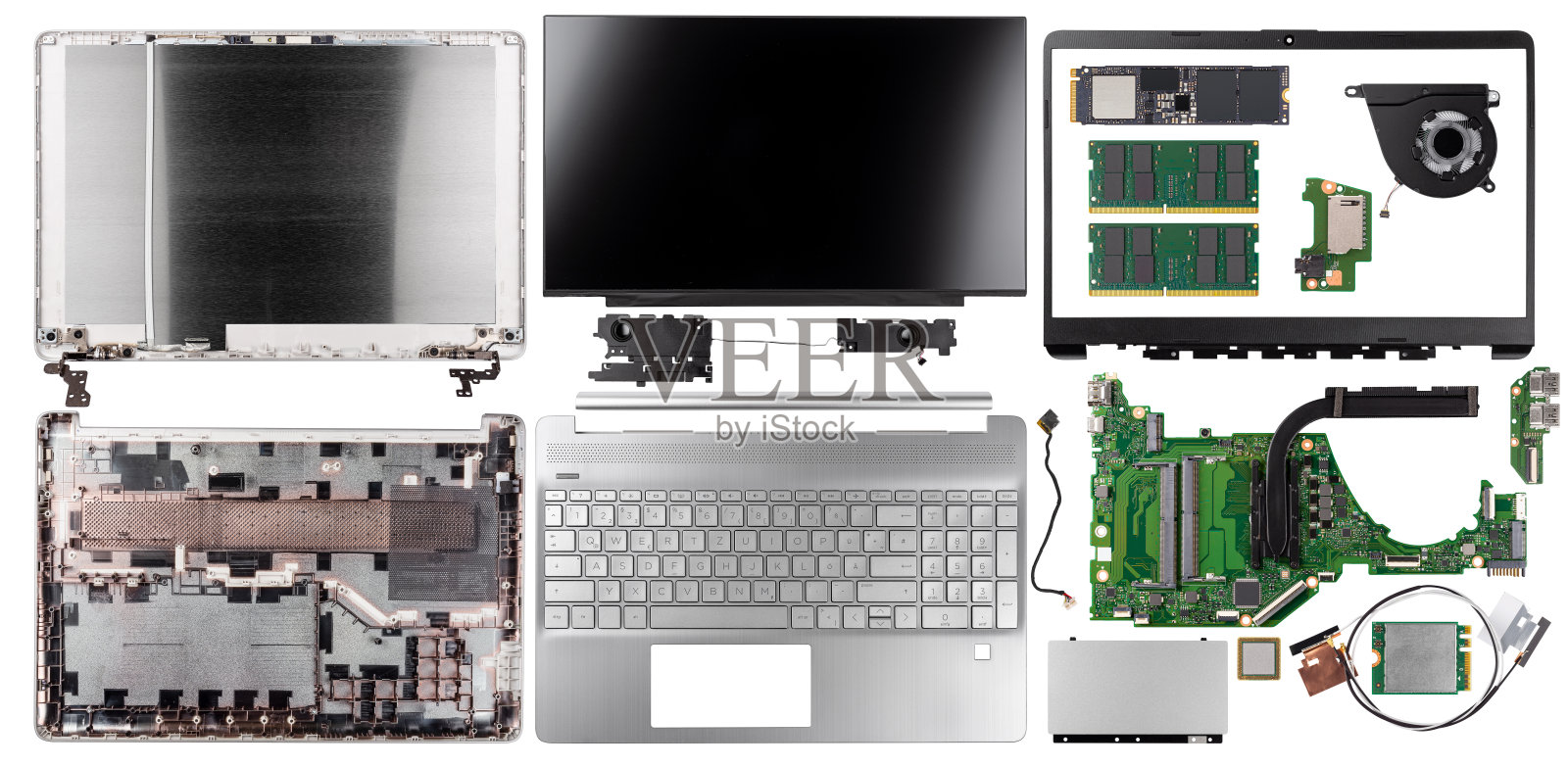 一个现代黏液笔记本电脑的零件和组件集在顶视图孤立的白色背景。技术硬件计算机概念。照片摄影图片