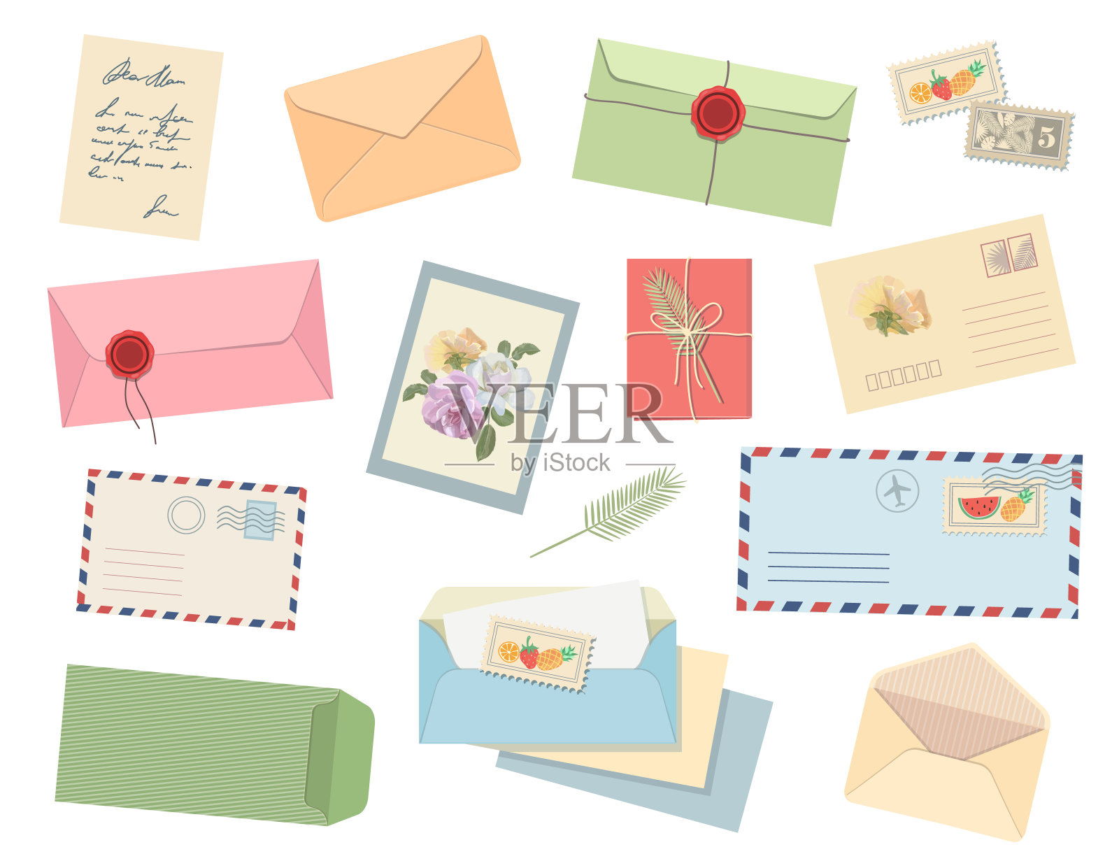 信封和信件。有邮戳的明信片插画图片素材