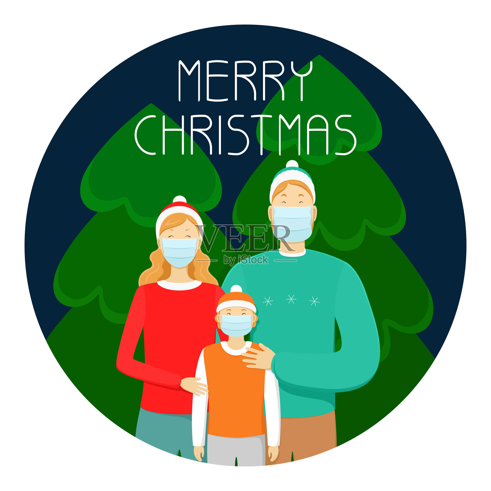 圣诞贺卡。家人戴着口罩。矢量图插画图片素材