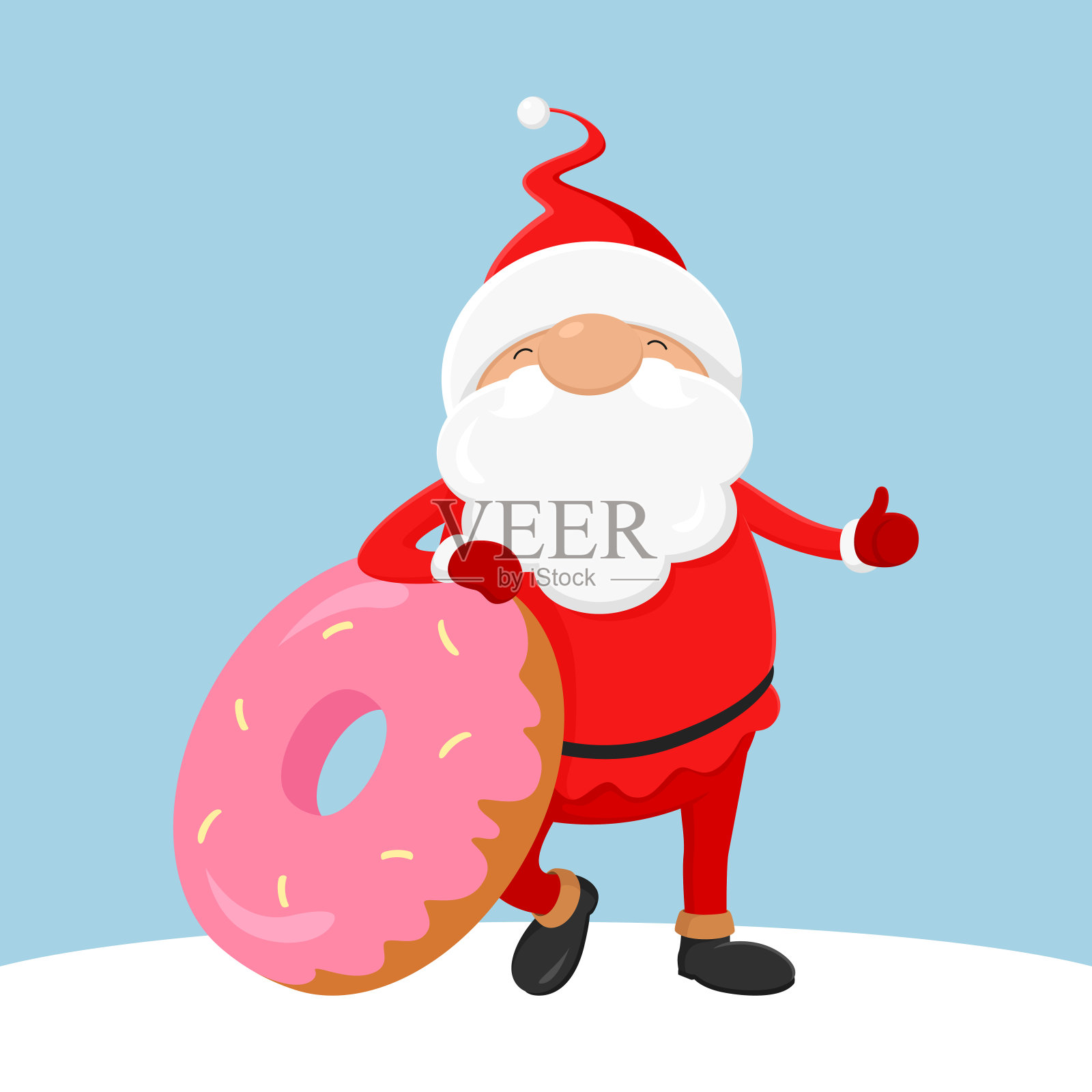 拿着甜甜圈的圣诞老人竖起大拇指。矢量图插画图片素材