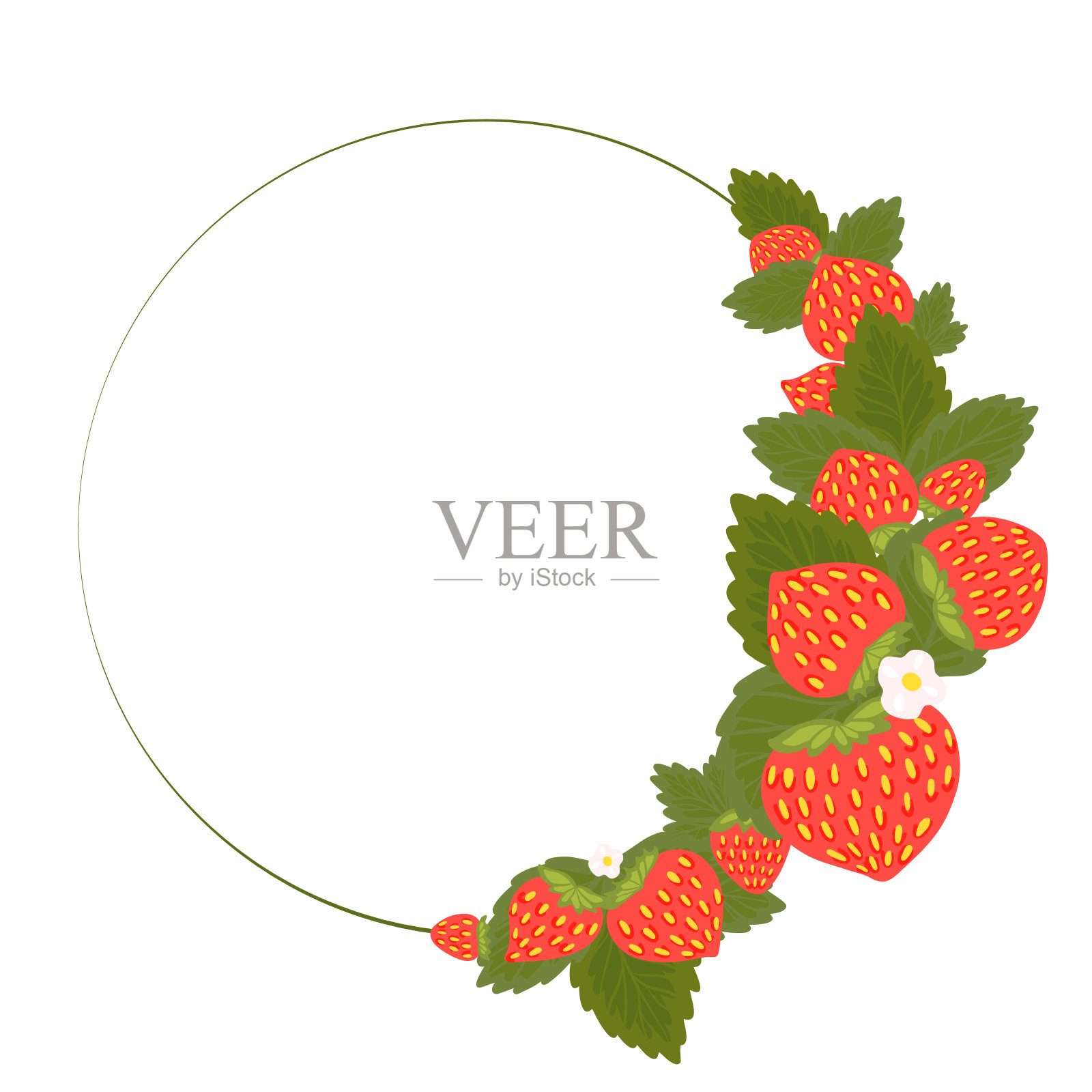 半圆形框架草莓，树叶，花和地方的文字。在菜单上加上夏天的浆果。向量模板与一束水果，树叶插画图片素材