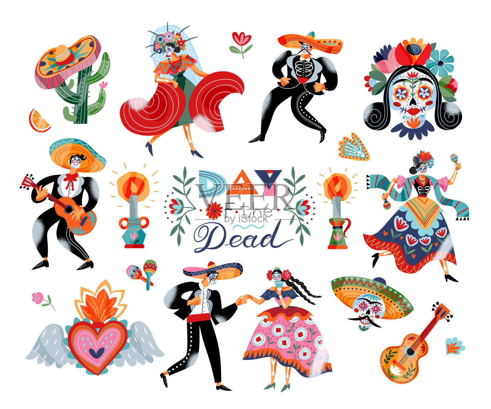 一套传统的墨西哥节日的死亡日装饰矢量平面插图插画图片素材