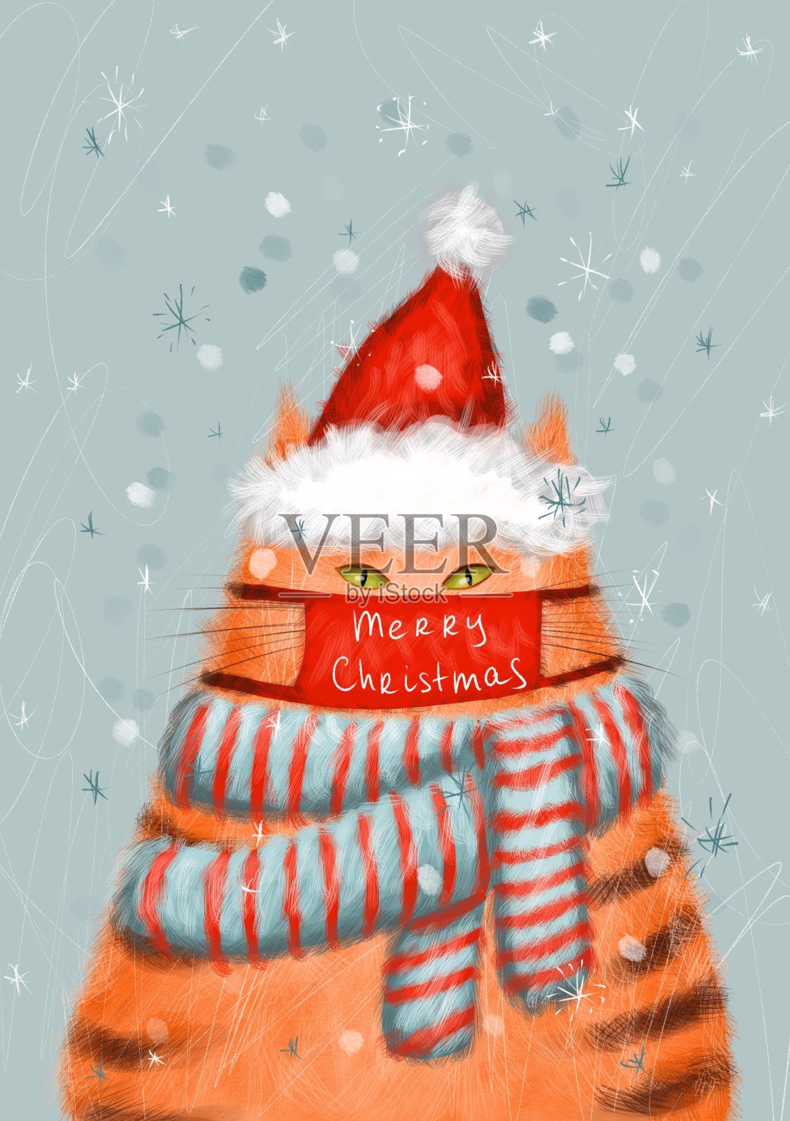 圣诞贺卡上有可爱的毛茸茸的猫，戴着红色的圣诞帽和围巾。插画图片素材