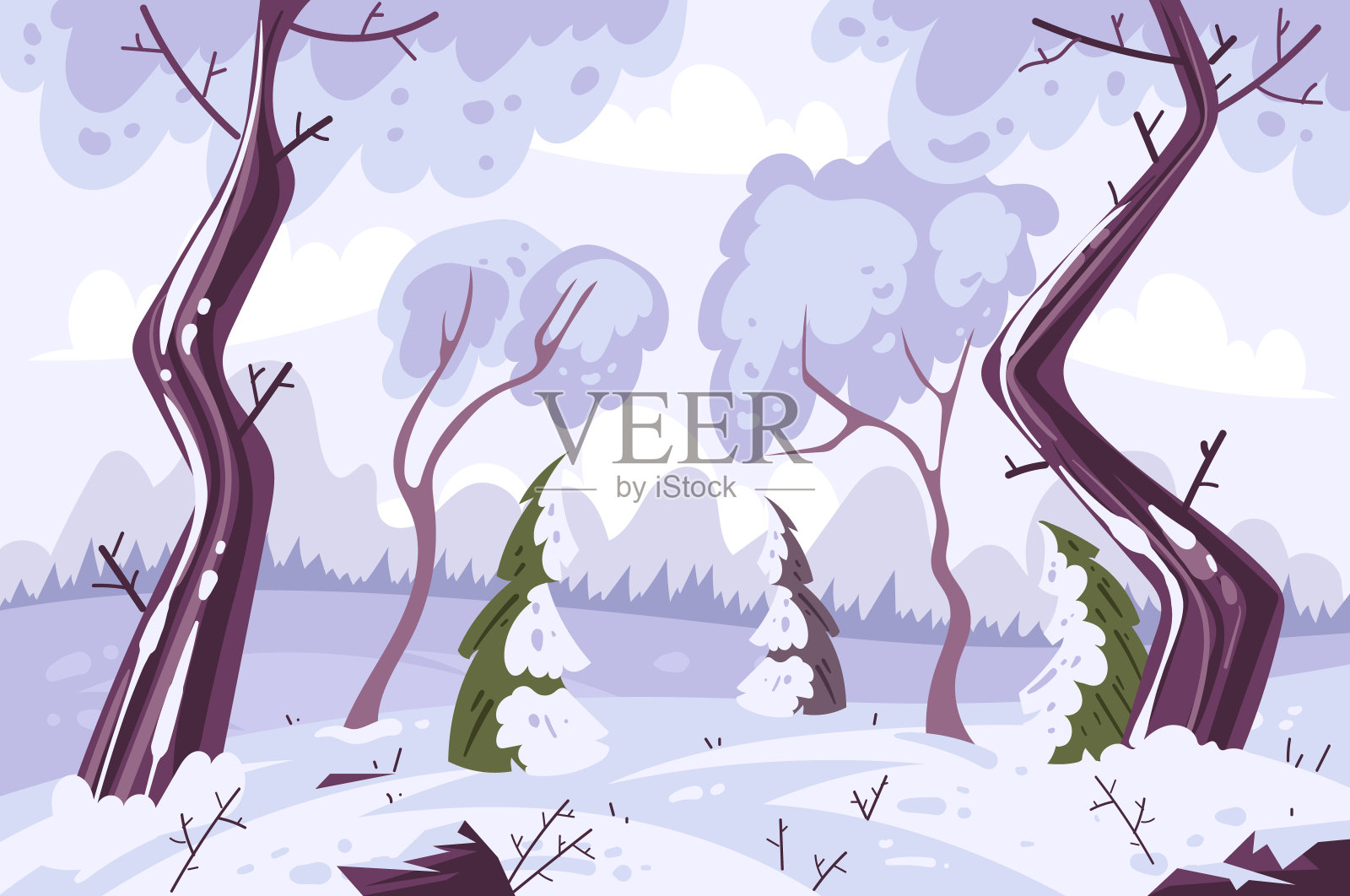 冬季森林景观自然卡通手绘插图插画图片素材