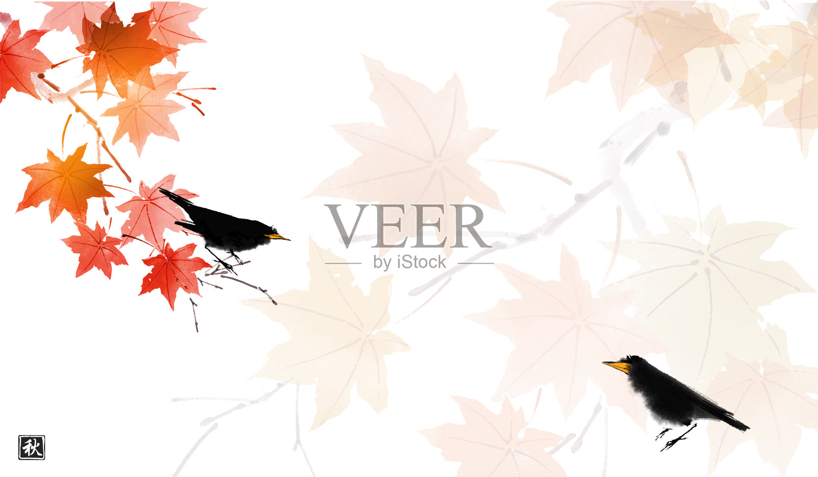 黑鸟停在红枫树上。传统东方水墨画梅花、梅花、梅花。象形文字——秋天插画图片素材