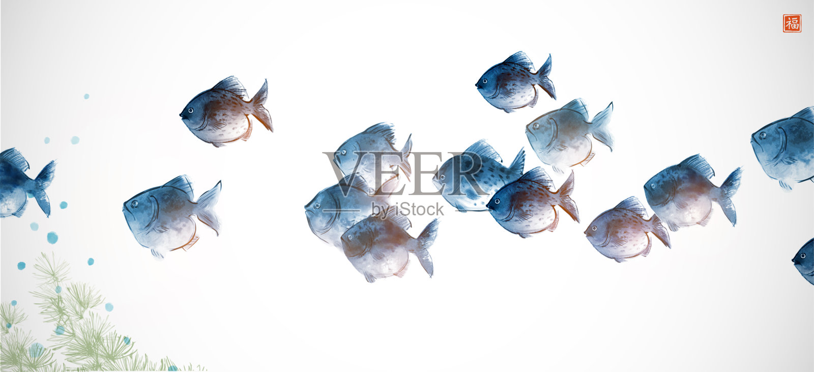 白色背景上的蓝鱼和绿色海藻群。传统东方水墨画梅花、梅花、梅花。翻译象形文字-好运插画图片素材