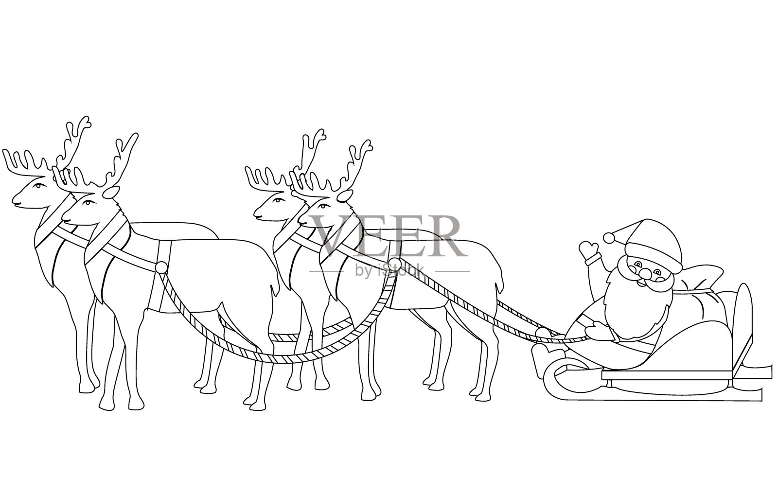 彩色的书。圣诞老人带着一袋礼物坐在驯鹿雪橇上。圣诞节，新年前夜。矢量插图与封闭的轮廓孤立在一个白色的背景。设计元素图片