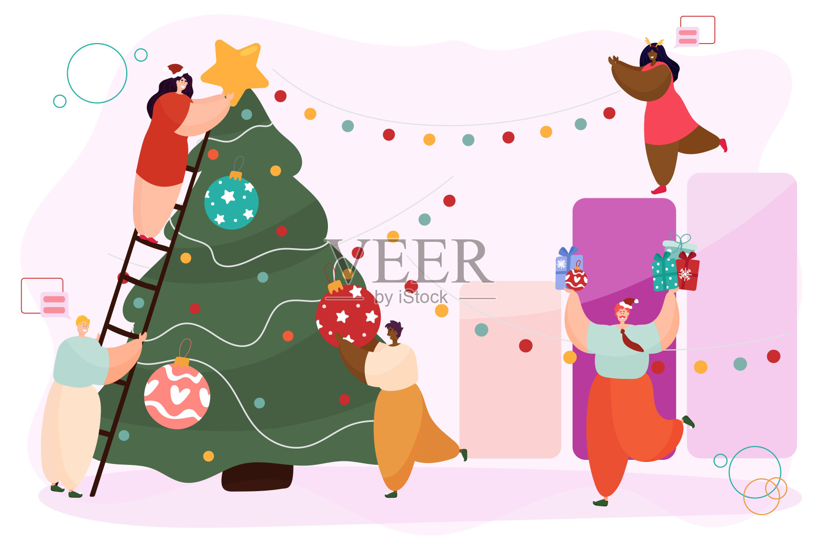 用装饰好的圣诞树、礼物庆祝新年或圣诞节插画图片素材
