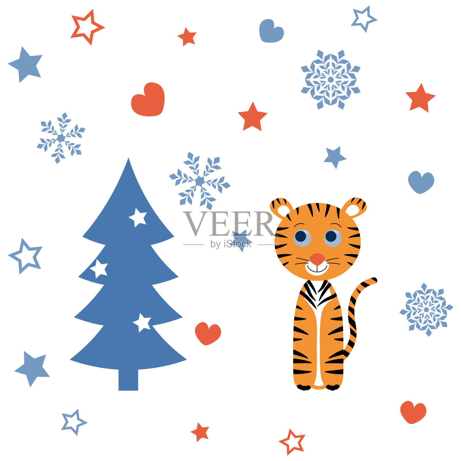 贺年卡上有可爱的老虎和蓝色人字，雪花，心，星星。节日动物卡通人物。插画图片素材