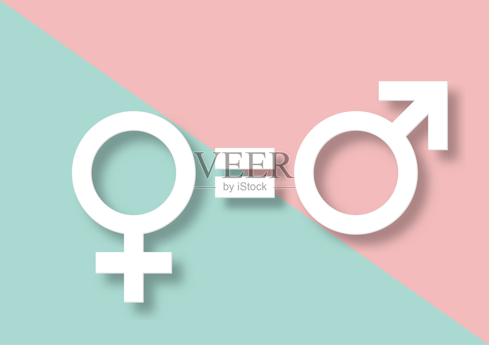 性别平等。3D白色男性和女性符号与一个平等的符号之间孤立在绿色和粉红色粉彩背景。的权利。平价的歧视。剪纸的风格。最小的。矢量插图。插画图片素材
