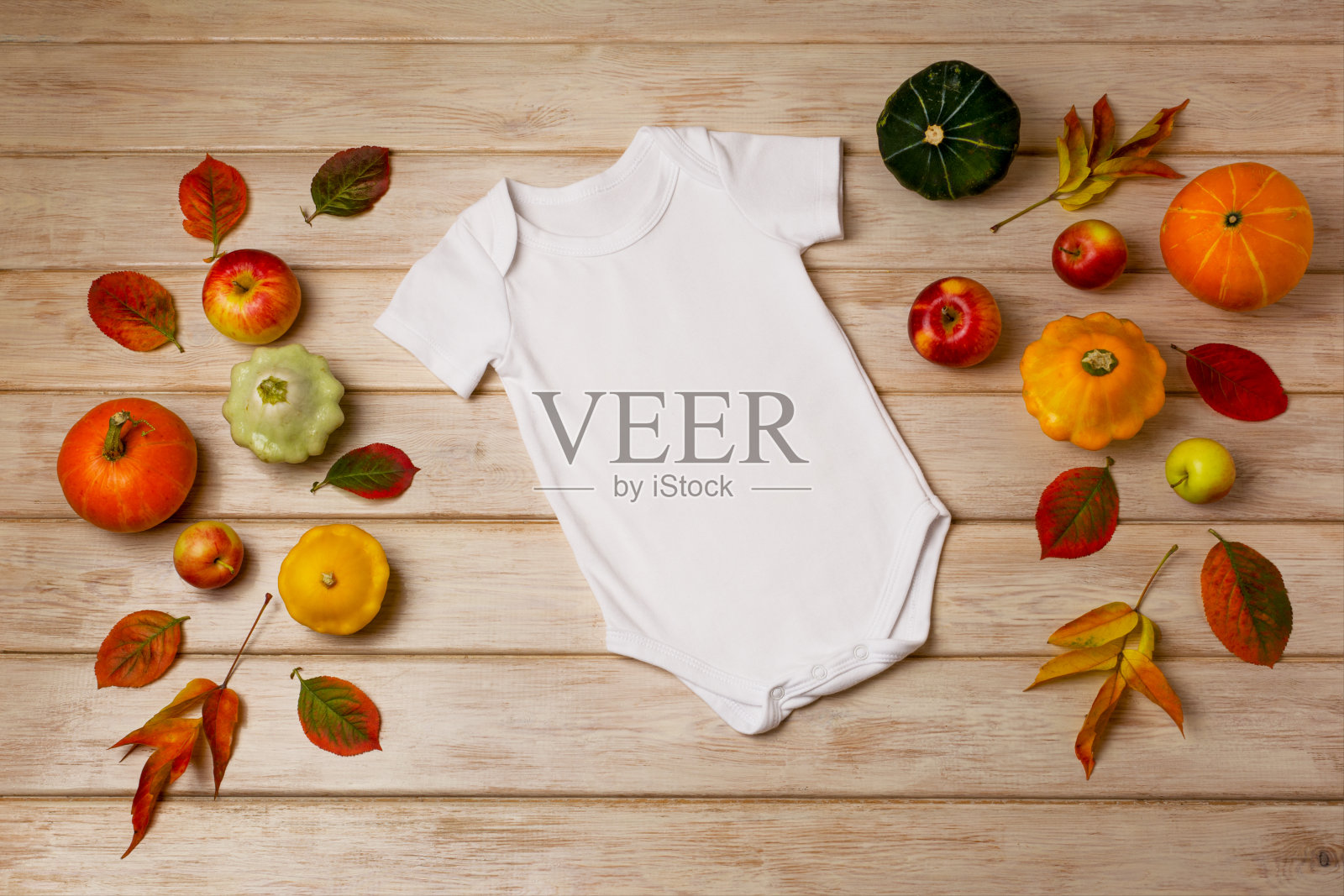 白色婴儿短袖紧身衣模型与秋天的装饰照片摄影图片