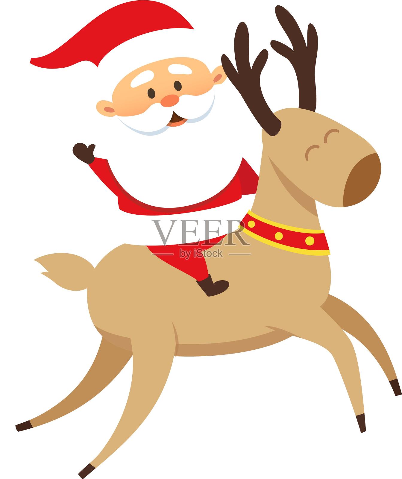 圣诞节圣诞老人骑麋鹿开心可爱彩色卡通扁平元素设计元素图片
