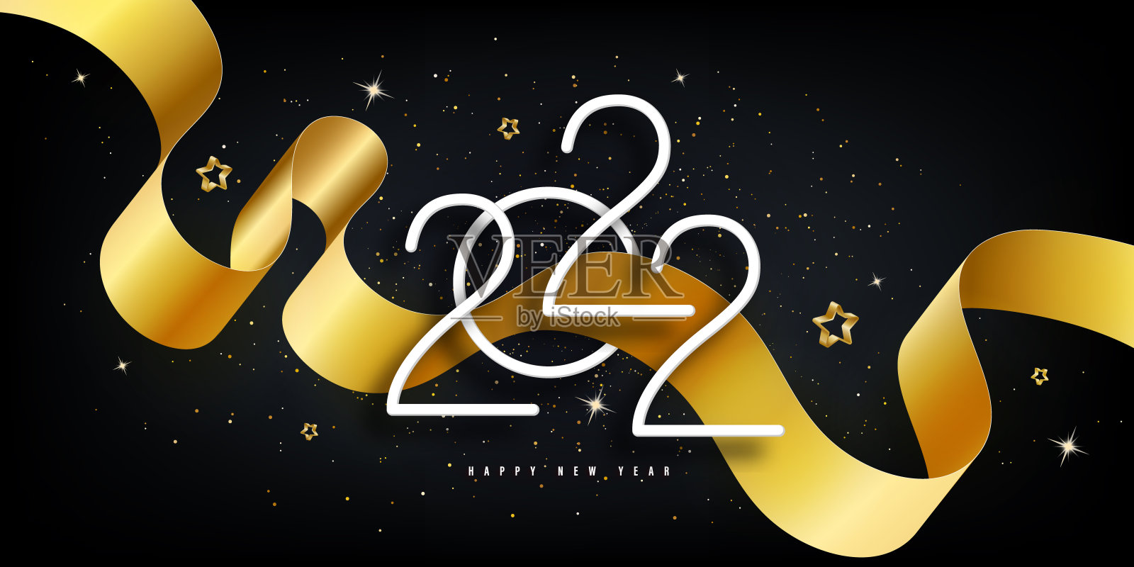 2022年新年快乐。喜庆的黑色背景与金色数字，五彩纸屑，星星和彩带。设计模板素材