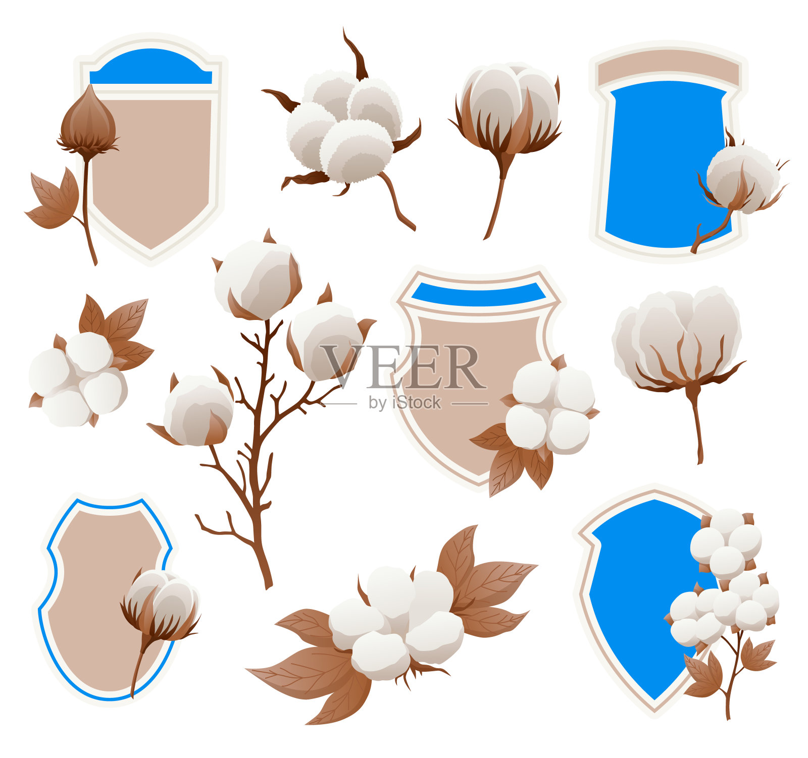 生态棉标签设计和花卉集。柔软的白色植物生产有机织物。卡通环保有机标志和标志插画图片素材