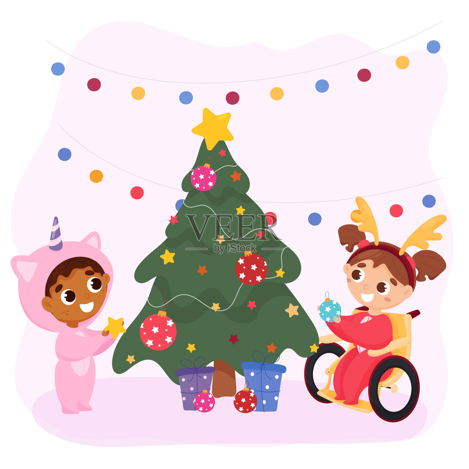 坐在轮椅上的孩子和她的混血妹妹装饰圣诞树插画图片素材