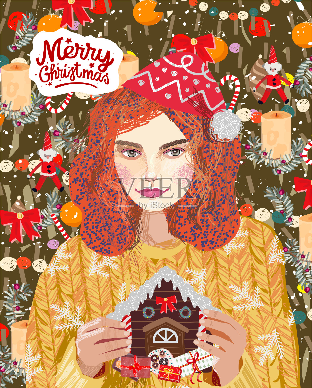 圣诞快乐，恭贺新禧!矢量插图的节日，圣诞树，礼物，圣诞老人女人和舒适的静物。用于卡片、海报或背景的图画插画图片素材