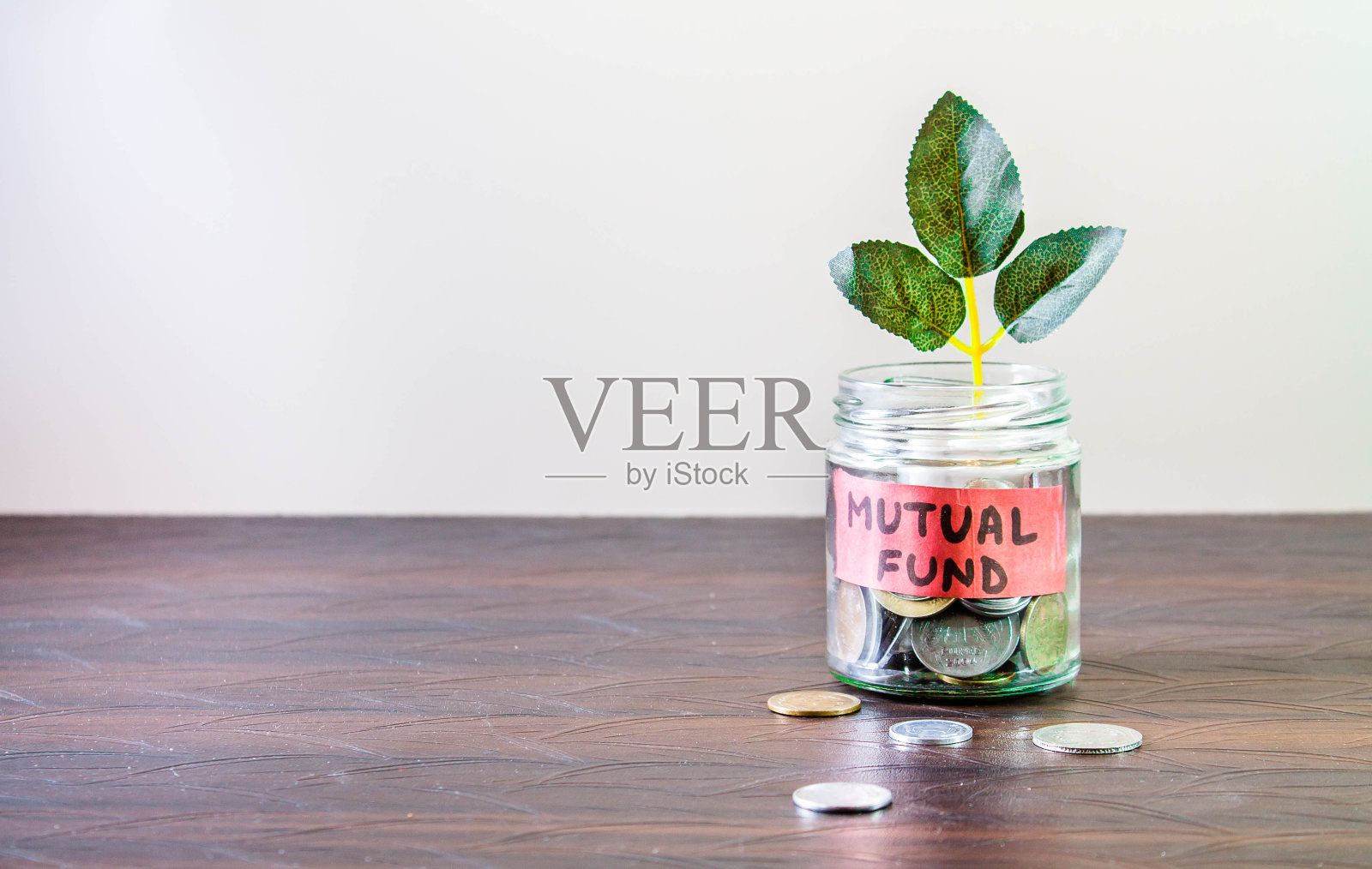 一个装满硬币的玻璃瓶，里面长着一株植物。概念图显示投资共同基金有助于积累财富。照片摄影图片