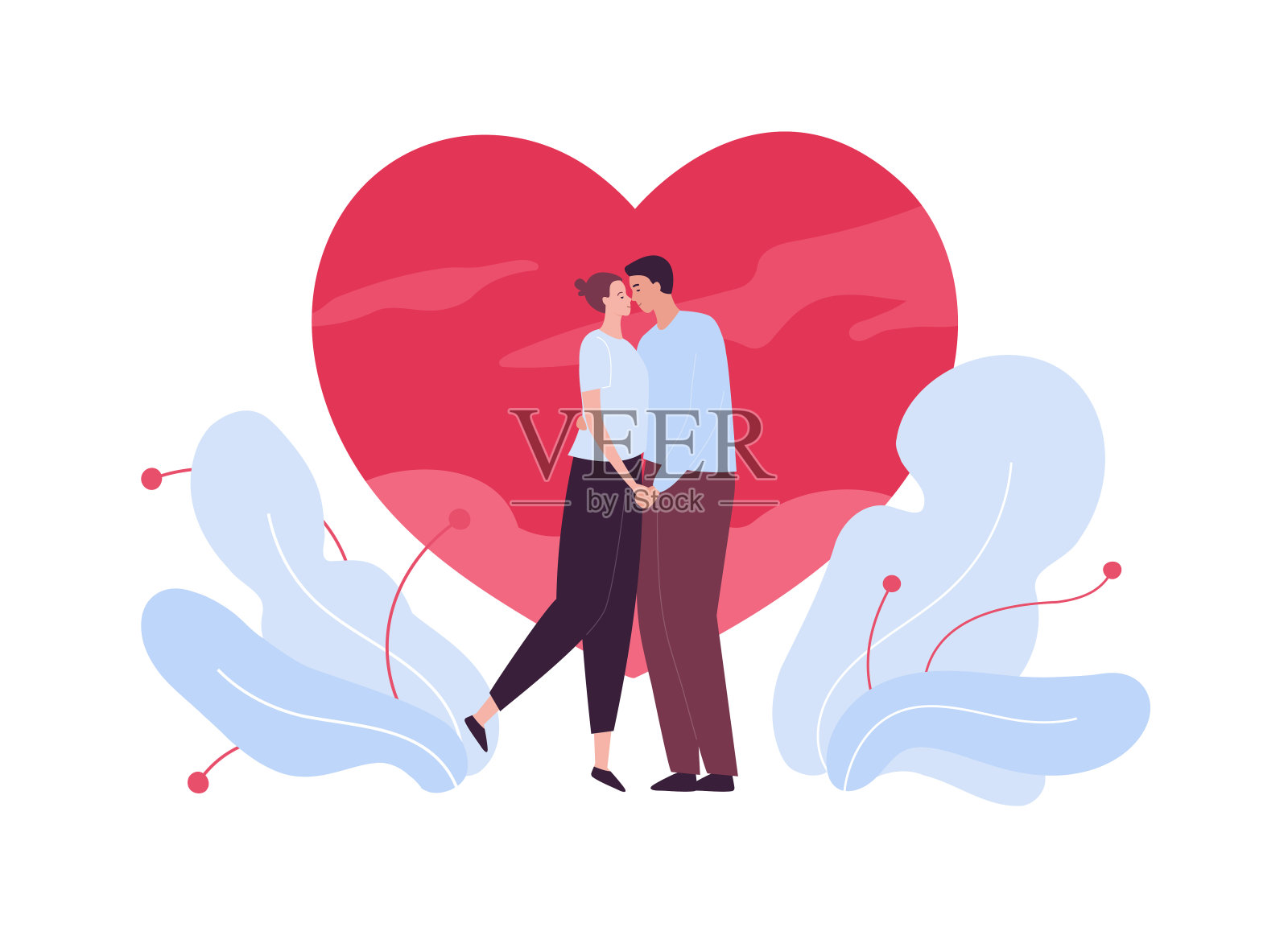 爱情、约会和关系的概念。矢量平的人插图。全长男人和女人站情侣情侣站在粉红色的心形背景浪漫的姿势。为情人节设计。插画图片素材