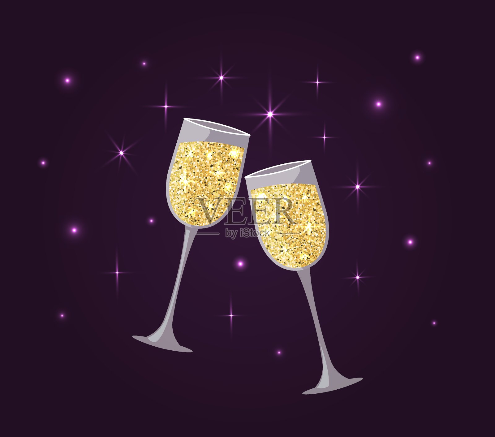 两杯香槟酒叮当作响。闪光的设计。起泡葡萄酒孤立。浪漫的约会或情人节庆祝活动。矢量图插画图片素材