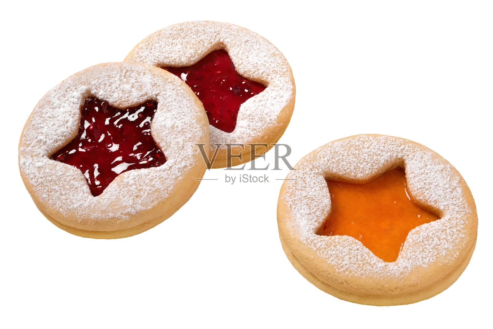 传统的圣诞Linzer饼干孤立在白色的背景。自制饼干的特写照片摄影图片