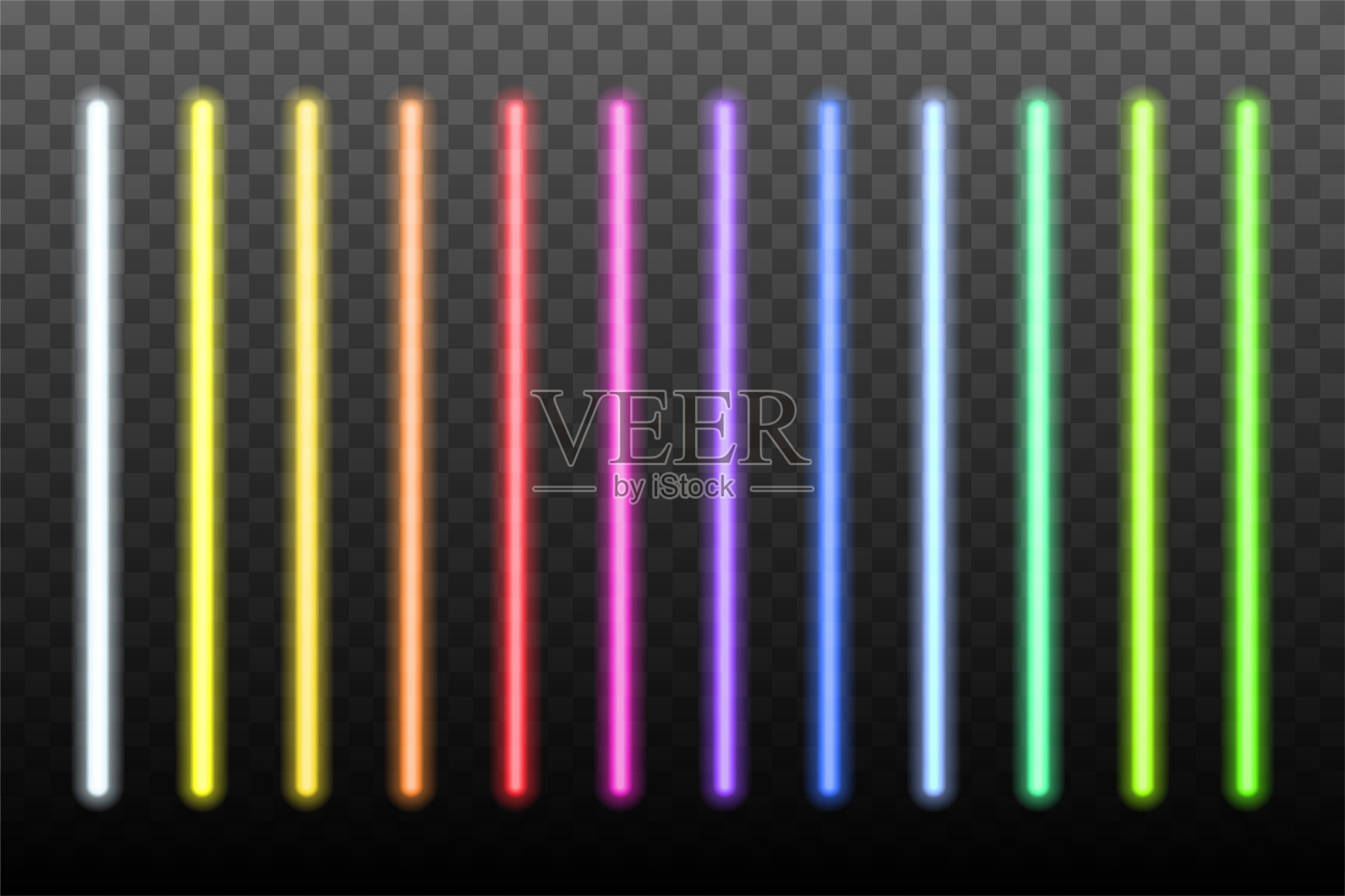 霓虹灯棒设置在透明的背景。蓝色，白色，黄色，橙色，绿色，粉红色，红色led线发光矢量插图。为派对或俱乐部设计电动彩色包装插画图片素材