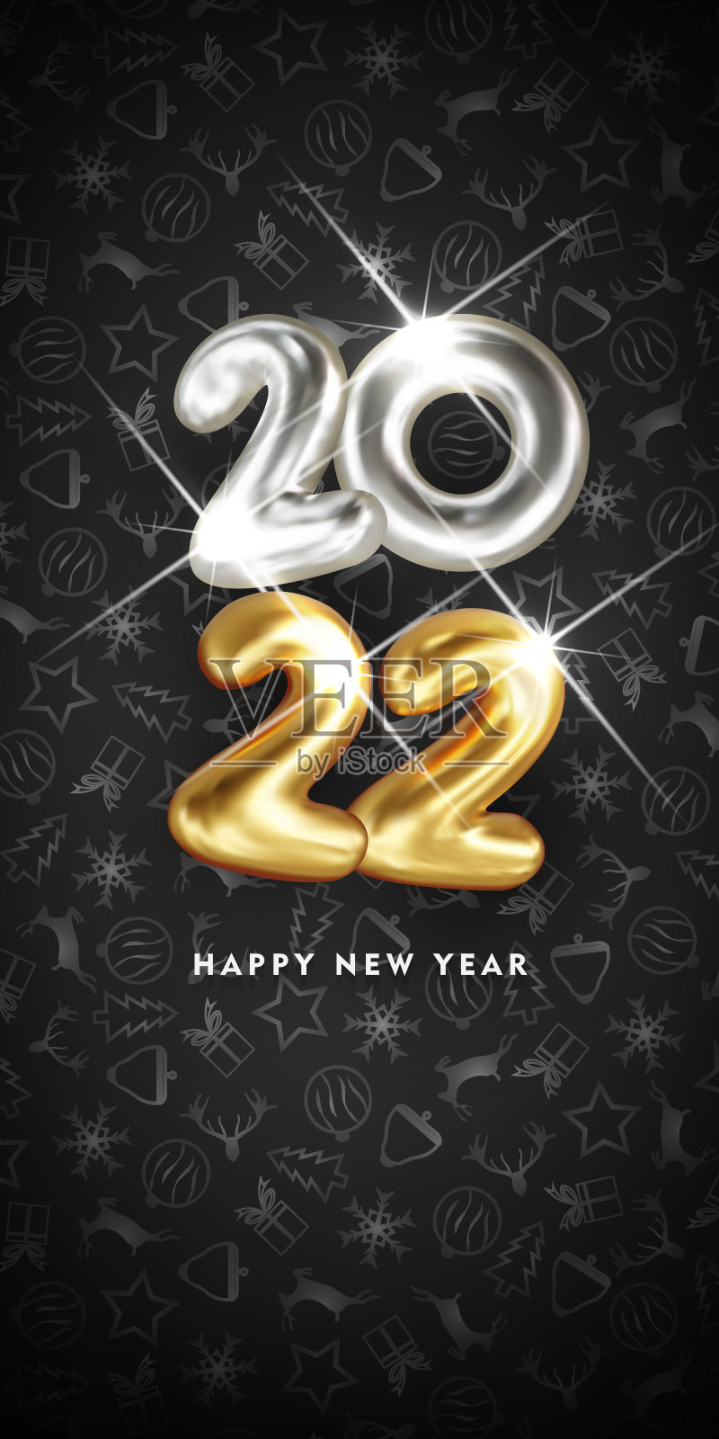 2022年新年快乐。圣诞贺卡设计。3d金色和银色闪光2022数字在黑色背景。矢量图设计模板素材
