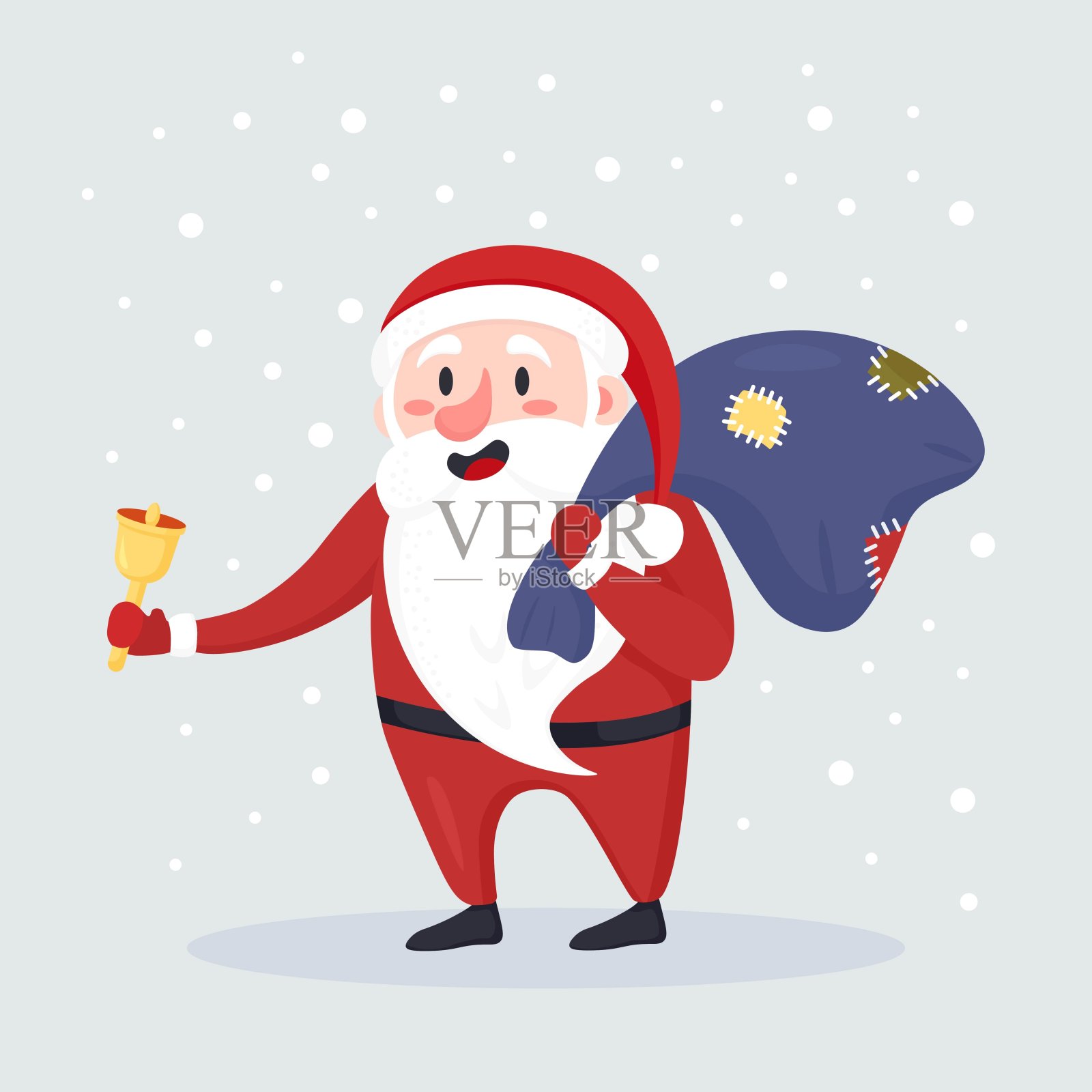 圣诞老人摇着铃铛，口袋里装着礼物，礼物背在背上，雪花落在背后。圣诞快乐，恭贺新禧。矢量图插画图片素材