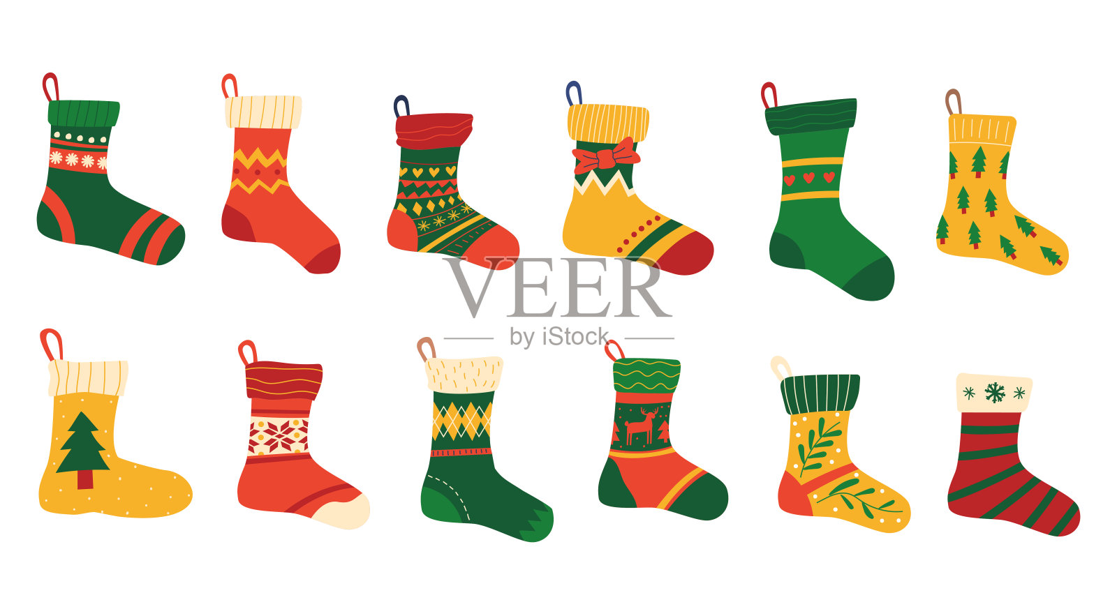 抽象的圣诞袜子。抽象的当代极简新年假期袜子与庆祝装饰品的礼物。红色和绿色的脚衣。矢量卡通孤立集设计元素图片