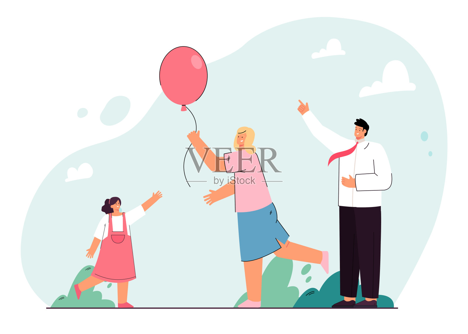 快乐的家人一起在外面玩气球插画图片素材