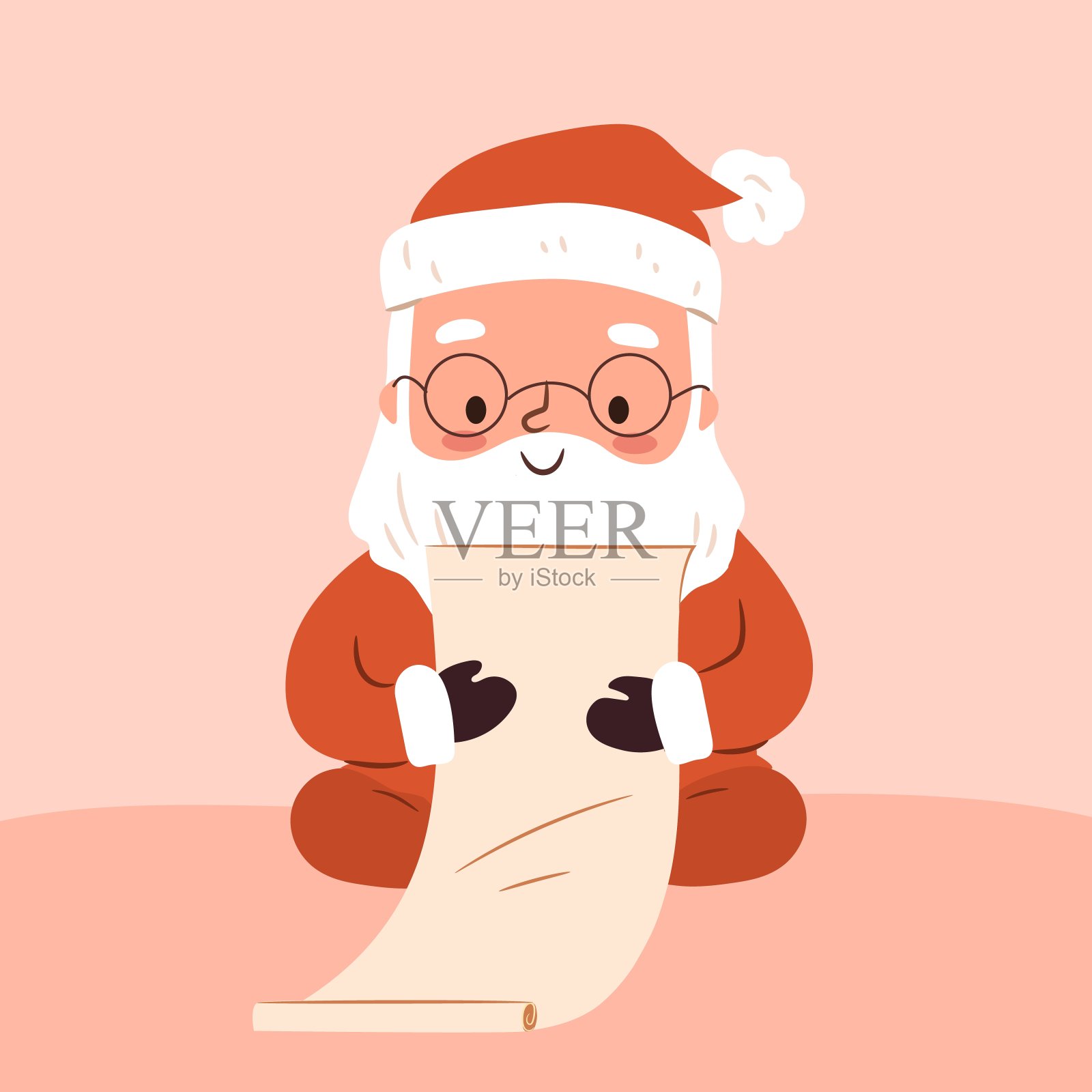 可爱的圣诞老人在读一封信。平面矢量字符的圣诞贺卡，贺卡设计。插画图片素材