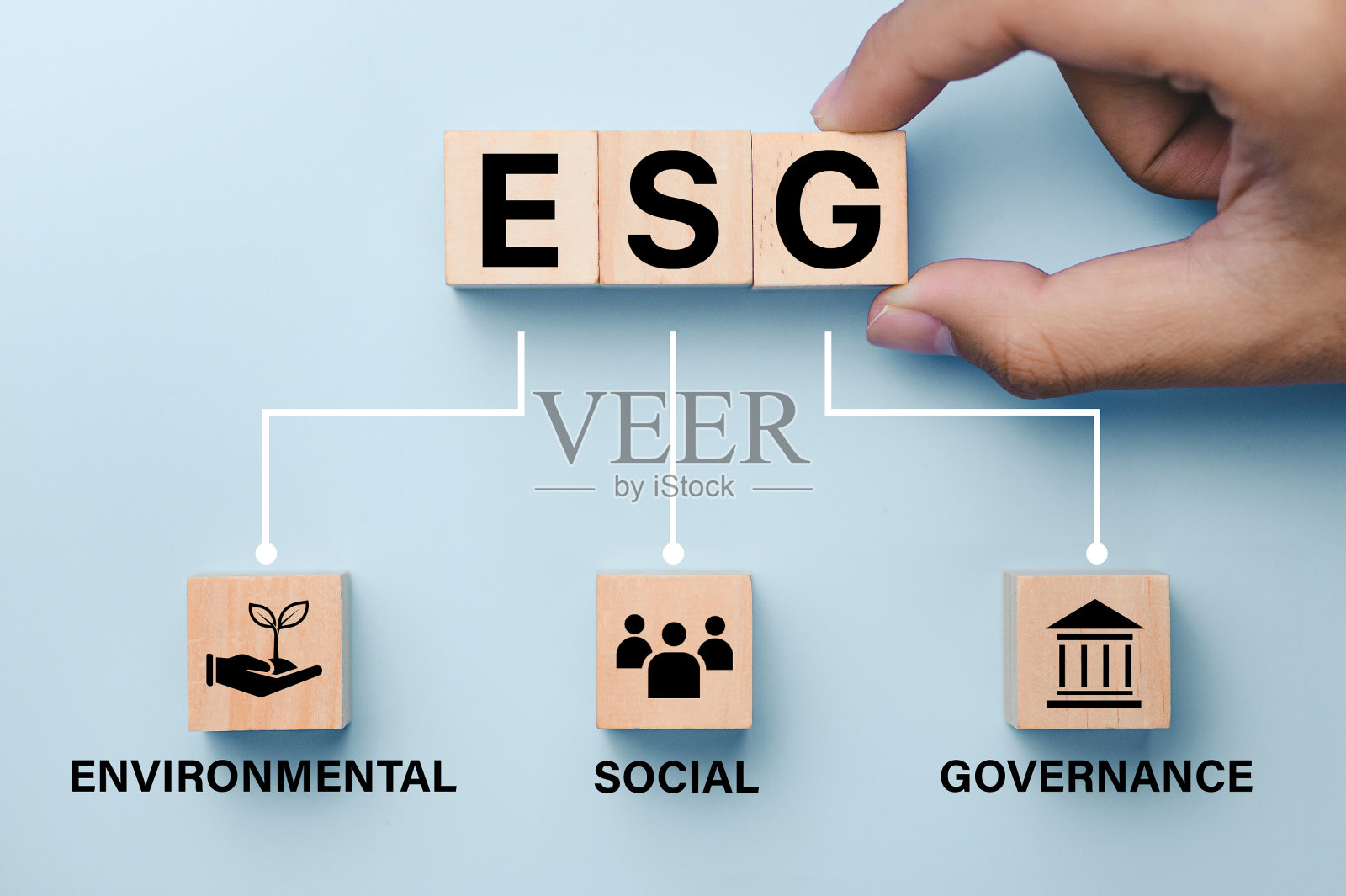 手把木方放在ESG图标概念的环境，社会，和治理的可持续和道德的企业照片摄影图片