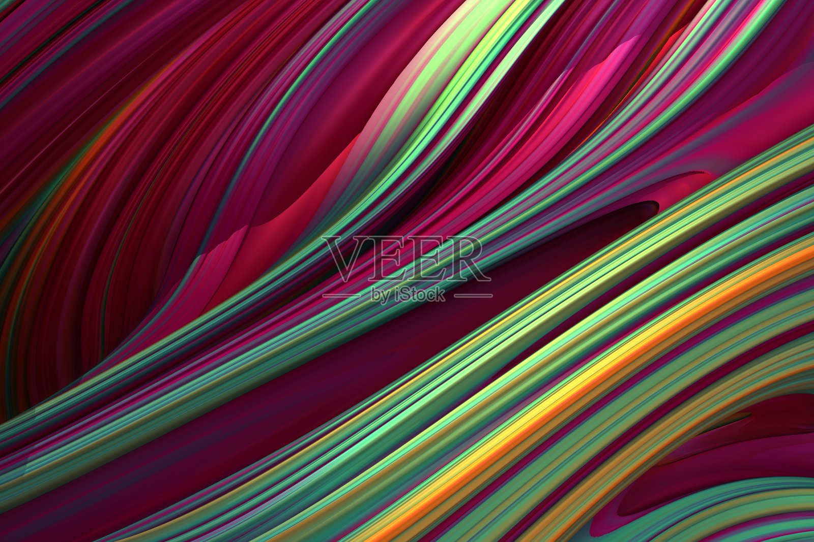抽象的3d波浪与绿色，品红和黄色条纹阴影。3d背景，3d渲染。照片摄影图片