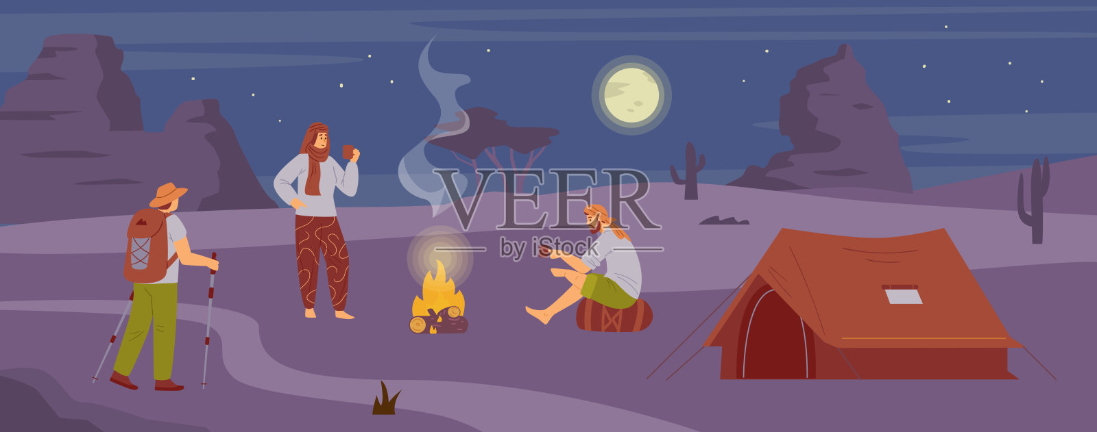 夜间旅游沙漠营地与营火附近的旅行者，平面矢量插图。插画图片素材