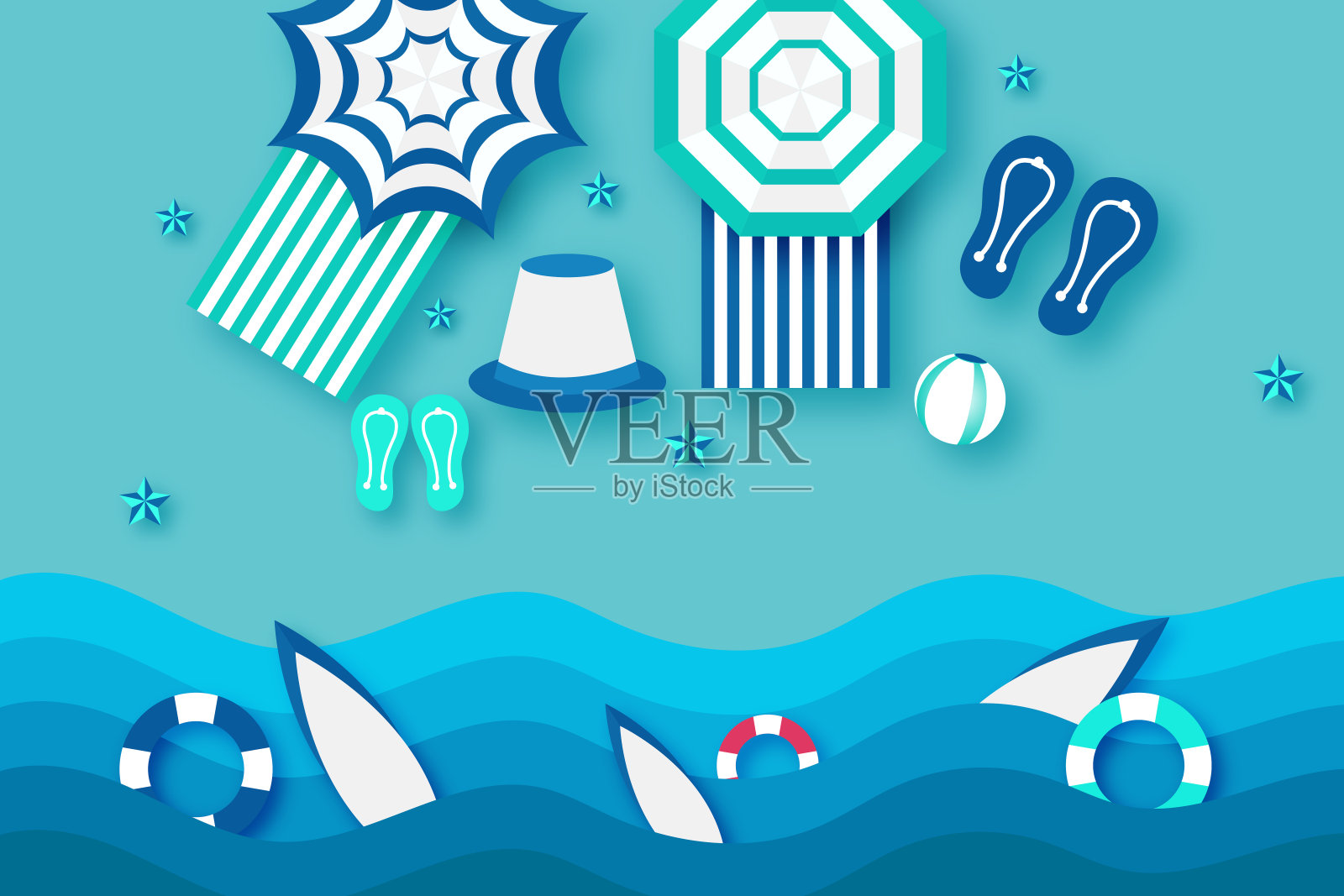 你好夏季庆祝横幅或海报设计与蓝绿色背景上的海滩元素的顶视图插画图片素材