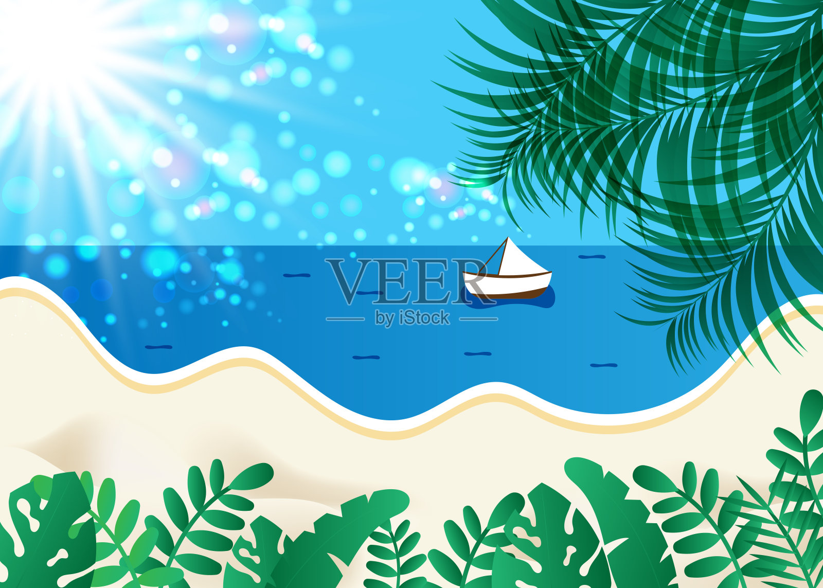 阳光和棕榈树的叶子在海景的背景上插画图片素材