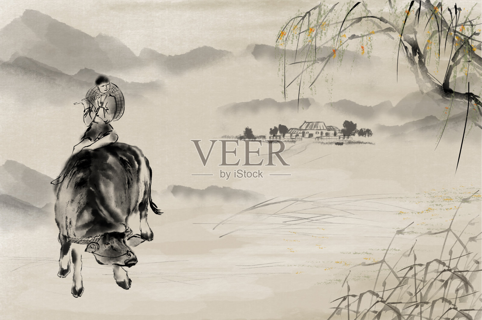 牛年春节的国画之牧童坐在牛背上吹笛子插画图片素材