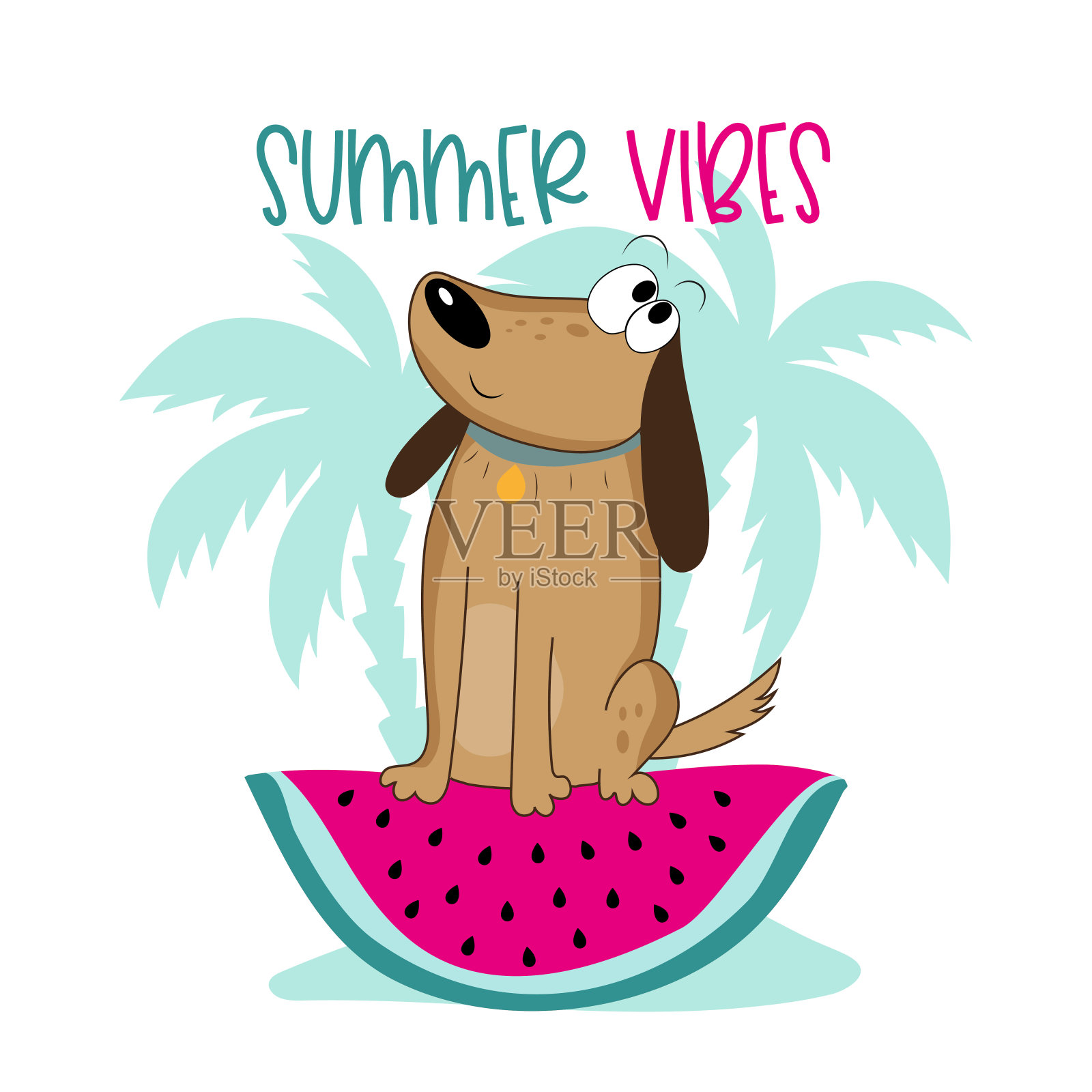 夏天的气氛-可爱的狗在西瓜片上插画图片素材