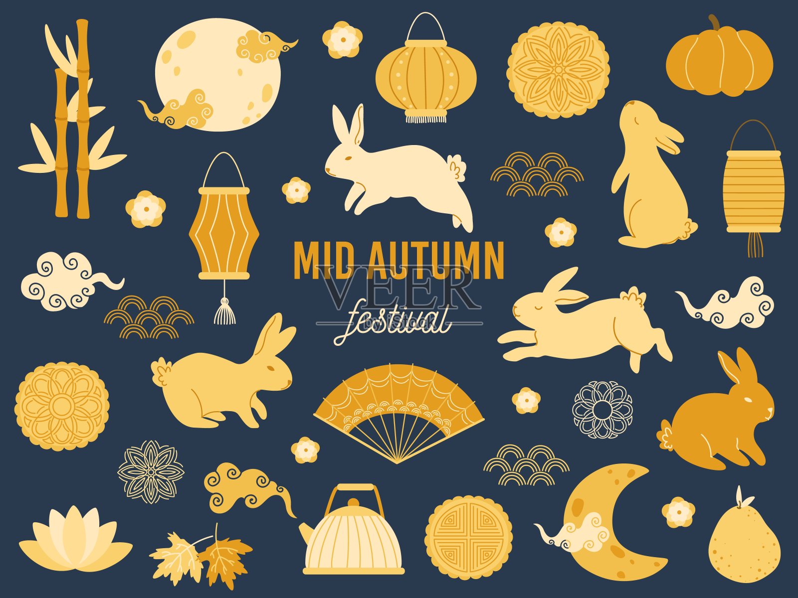 中秋节兔。莲花月饼，亚洲月亮与云和金兔子矢量插图集插画图片素材