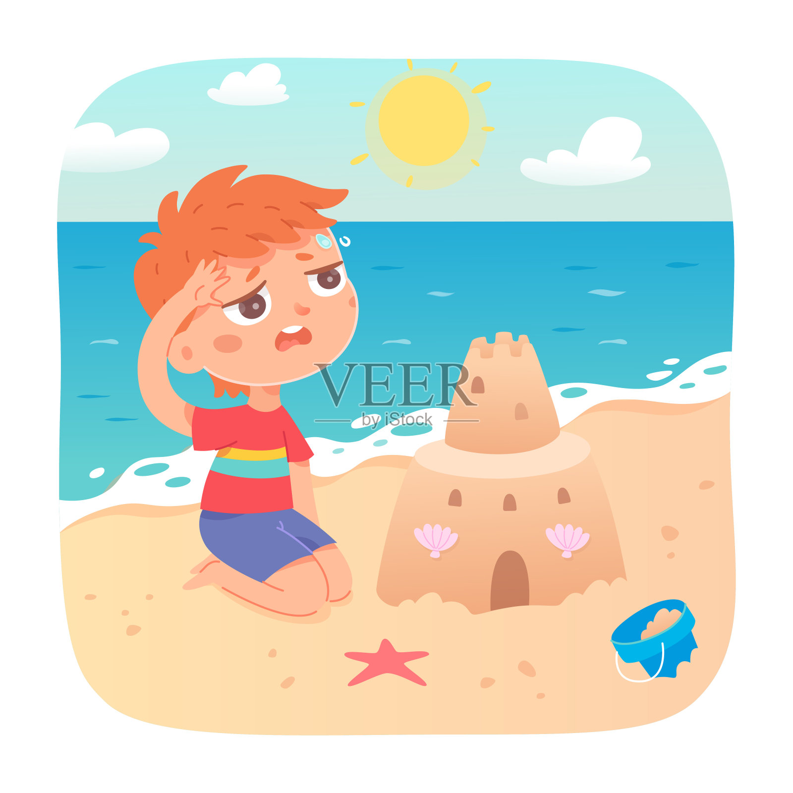 可爱的男孩在夏天的海滩上受热，孩子在炎热的天气里感到疲惫插画图片素材