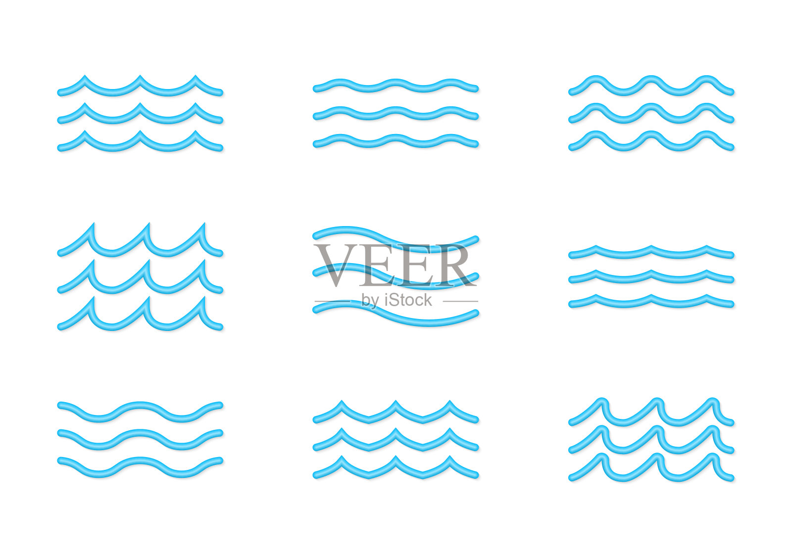 水波三维图标集。海、洋、河的线条象征。不同的蓝色波浪。矢量插图。设计元素图片