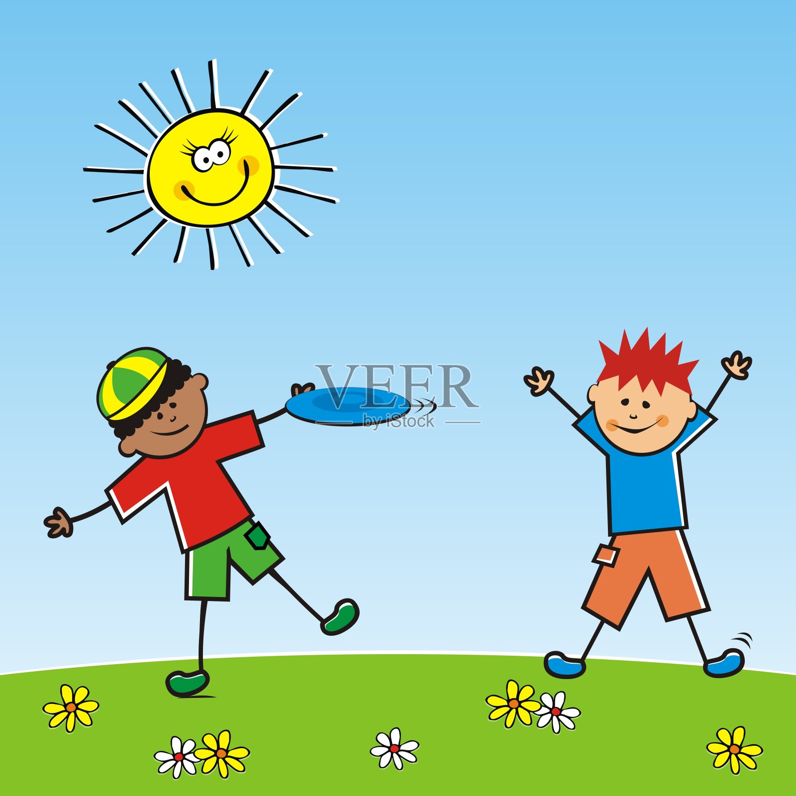 两个男孩在草地上玩飞盘。插画图片素材