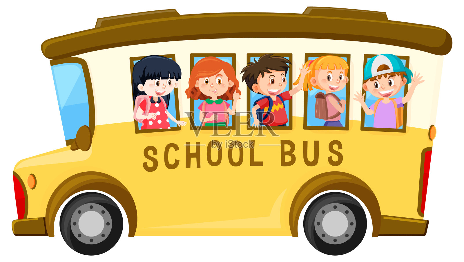 白色背景的校车上的学生插画图片素材
