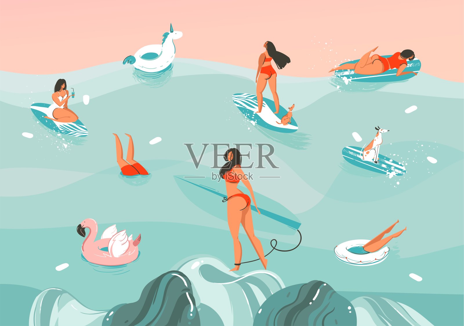 手绘矢量股票抽象图形插图与有趣的日光浴家庭人群在海浪景观，游泳和冲浪孤立的颜色背景插画图片素材