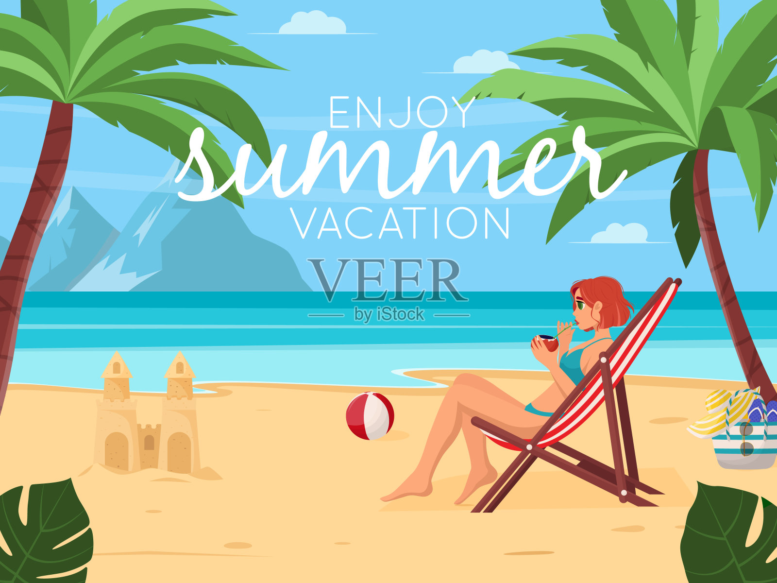 暑假概念背景。美丽的夏季海滩景观，大海，棕榈树，沙堡。一个女孩正在躺椅上休息。平面矢量插图的海报，横幅，传单。插画图片素材