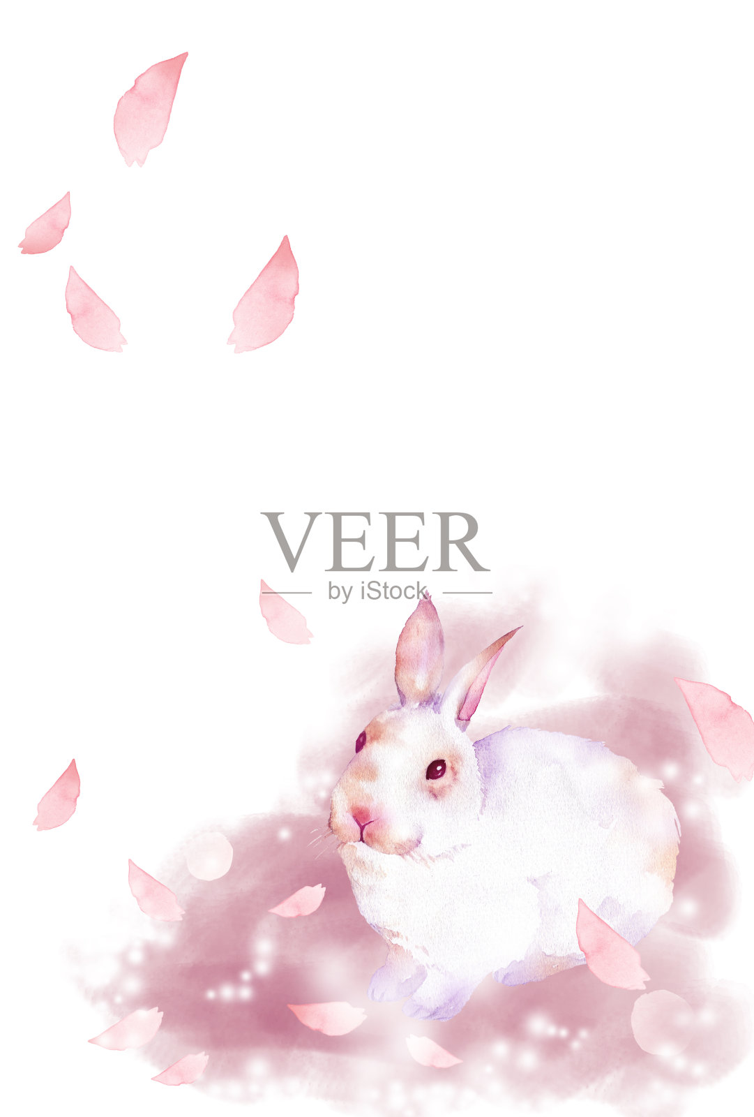 水彩兔子与粉红色的花瓣设计元素图片