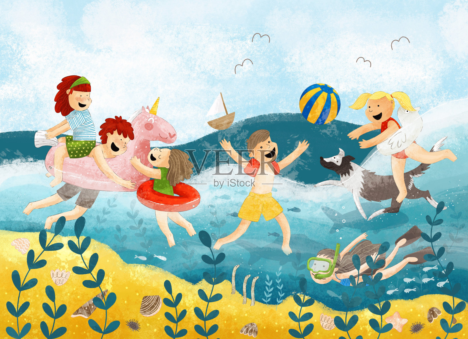 孩子们和一只狗在海里游泳和玩耍。夏天共鸣说明。插画图片素材