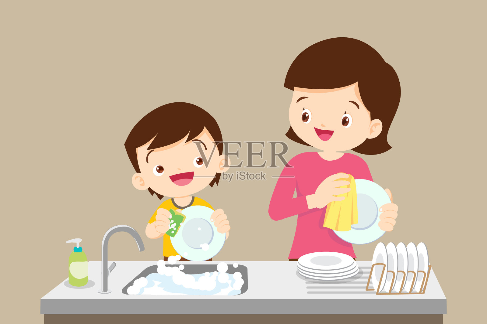 感恩节儿子厨房帮妈妈洗碗插画图片-千库网